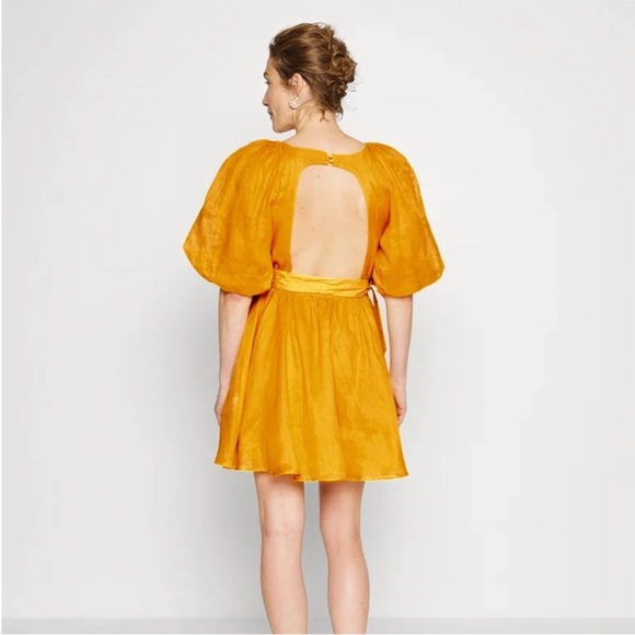 Banana Republic Yellow Ramie Puff Sleeve BacklessMini Dress Small Petite - Picture 3 of 10